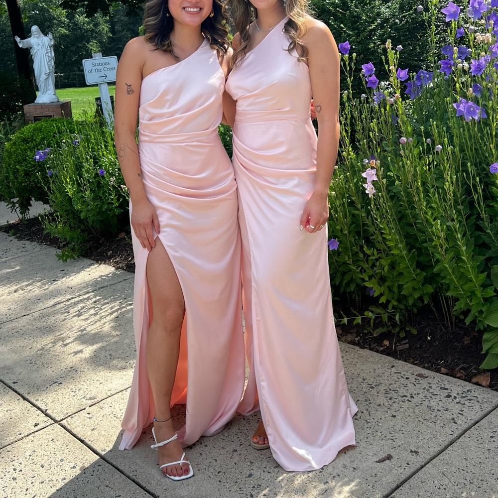 Dreaming of Elegance Blush Pink Satin One-Shoulder Maxi Dress